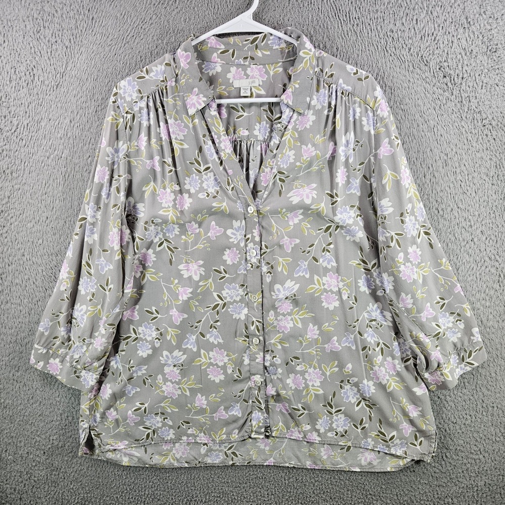 J. Jill Womens‎ XL Petite Floral Rayon Button Front Blouse Gray 3/4 Sleeve